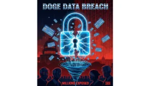 DOGE Social Security data breach illustration showing broken digital security lock with exposed personal records and worried beneficiaries