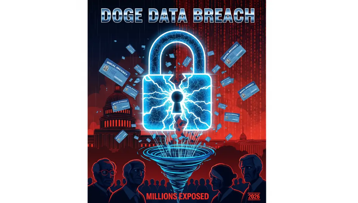 DOGE Social Security data breach illustration showing broken digital security lock with exposed personal records and worried beneficiaries
