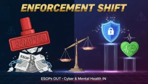 EBSA enforcement priorities changed January 2026 removing ESOPs and adding cybersecurity and mental health parity focus with dramatic split screen vector illustration