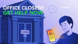 Closed SNAP office on weekend with person using smartphone to access food stamp benefits online