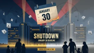 HUD government shutdown January 30 deadline affecting Section 8 housing assistance and rental vouchers with families at risk vector illustration
