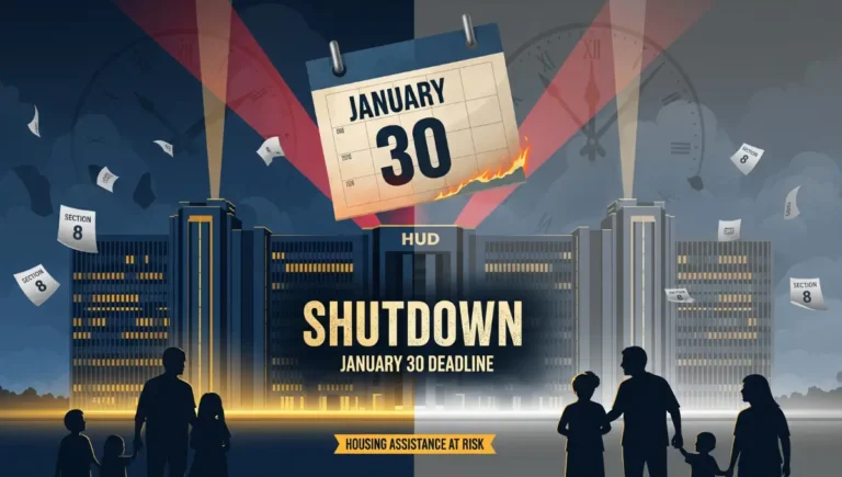 HUD government shutdown January 30 deadline affecting Section 8 housing assistance and rental vouchers with families at risk vector illustration