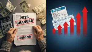 Elderly hands holding 2026 government benefit letters with Social Security check, Medicare card, and calculator showing rising costs and reduced payments