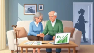 Elderly couple reviewing Medicaid eligibility documents at home with rising income limit chart showing 2026 long-term care coverage options
