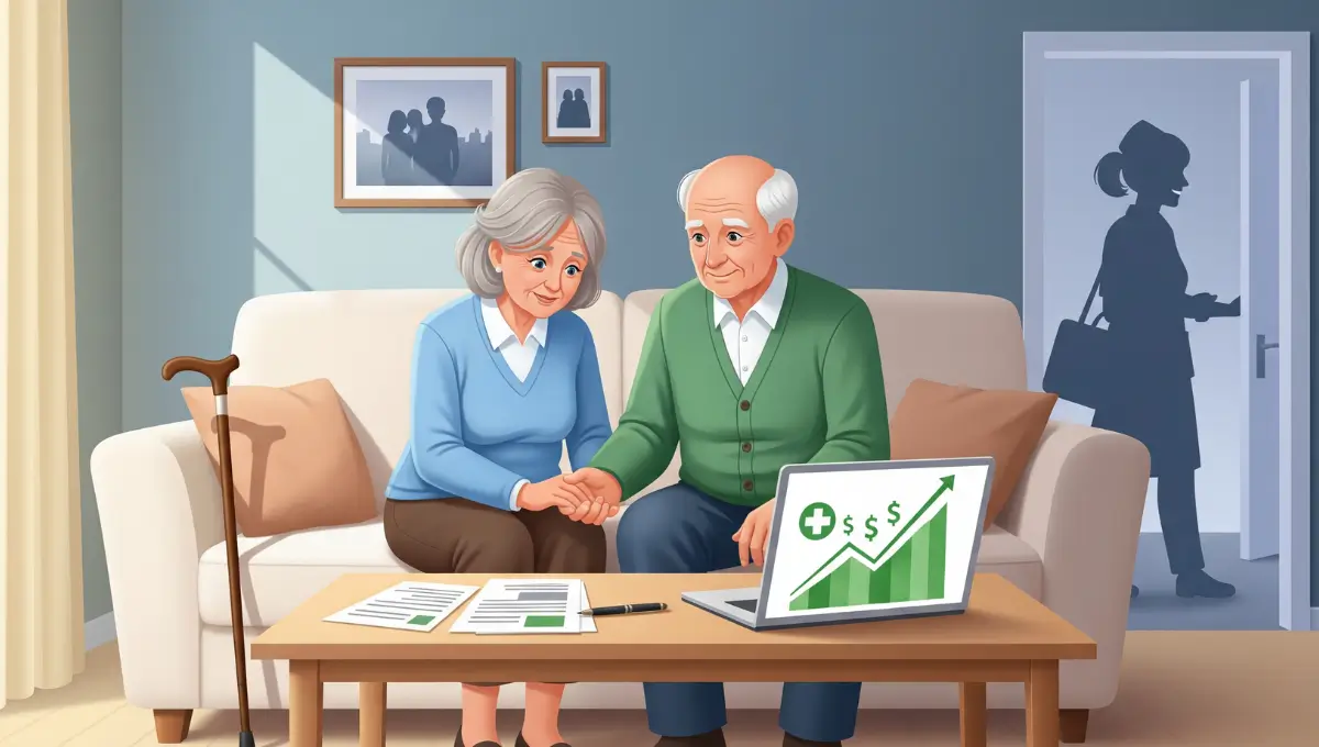 Elderly couple reviewing Medicaid eligibility documents at home with rising income limit chart showing 2026 long-term care coverage options