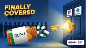 Medicare and Medicaid weight loss medication coverage announcement showing GLP-1 drugs Ozempic and Wegovy becoming affordable under new federal program