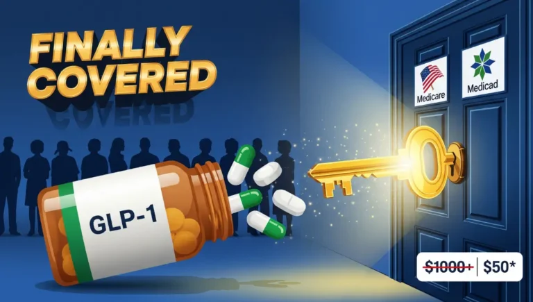 Medicare and Medicaid weight loss medication coverage announcement showing GLP-1 drugs Ozempic and Wegovy becoming affordable under new federal program