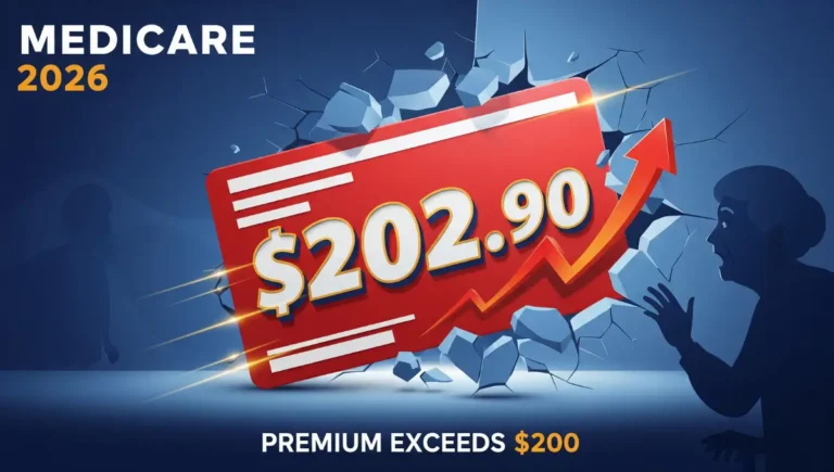 Medicare Part B premium 2026 exceeds $200 showing $202.90 monthly cost increase with red Medicare card and breaking barrier graphic