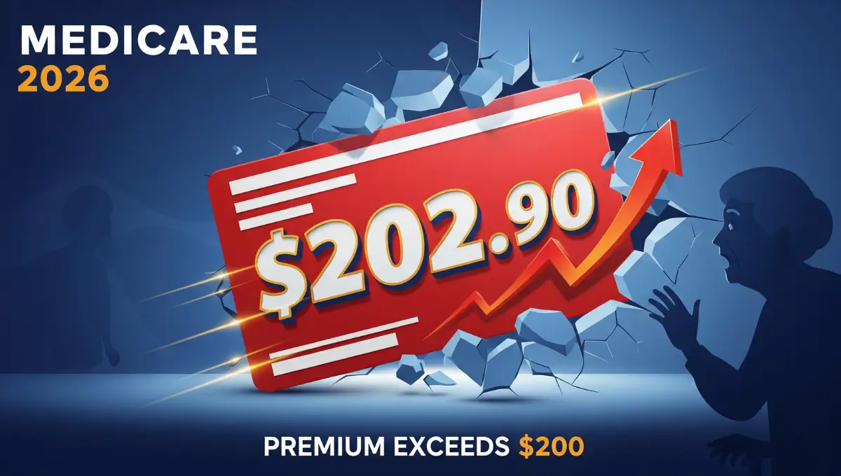 Medicare Part B premium 2026 exceeds $200 showing $202.90 monthly cost increase with red Medicare card and breaking barrier graphic