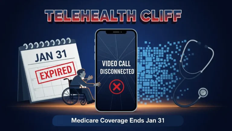 Medicare telehealth coverage expiration illustration showing disconnected video call and January 31 deadline with elderly patient and expired calendar