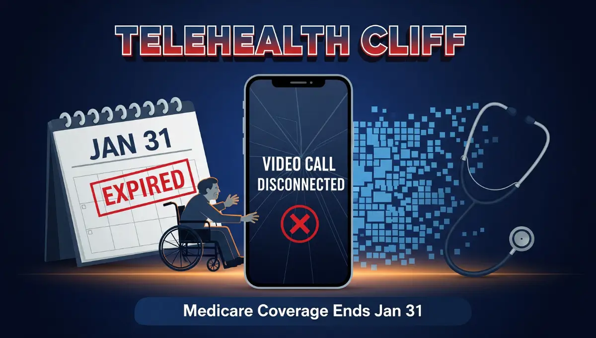 Medicare telehealth coverage expiration illustration showing disconnected video call and January 31 deadline with elderly patient and expired calendar