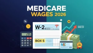 Medicare wages and tips 2026 tax rates illustration showing W-2 Box 5 with 2.9% rate and unlimited wage cap