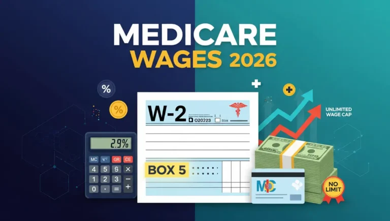 Medicare wages and tips 2026 tax rates illustration showing W-2 Box 5 with 2.9% rate and unlimited wage cap