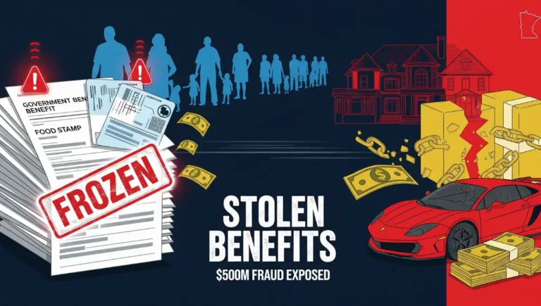 Minnesota benefits fraud investigation showing frozen welfare payments and stolen federal funds affecting families in 2026