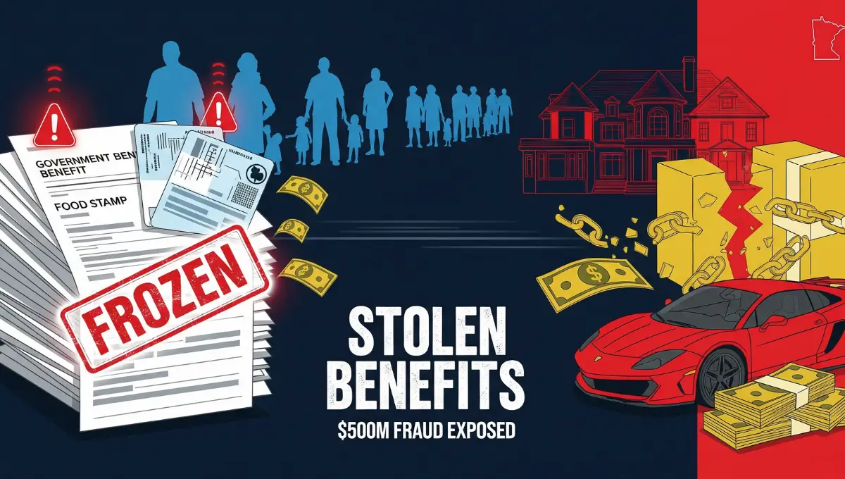 Minnesota benefits fraud investigation showing frozen welfare payments and stolen federal funds affecting families in 2026