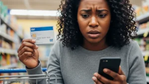 Woman checking SNAP EBT card payment date on phone in grocery store for January 2026 benefits