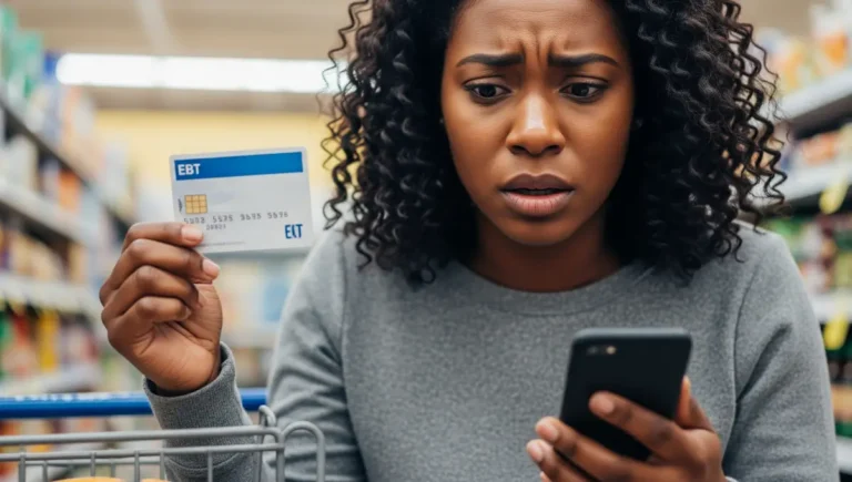 Woman checking SNAP EBT card payment date on phone in grocery store for January 2026 benefits