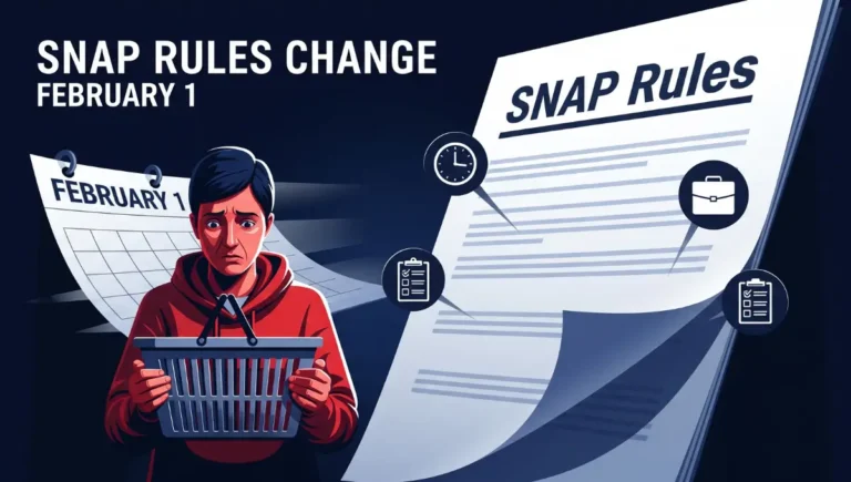 Vector graphic showing SNAP work requirement changes starting February 1 affecting food stamp recipients