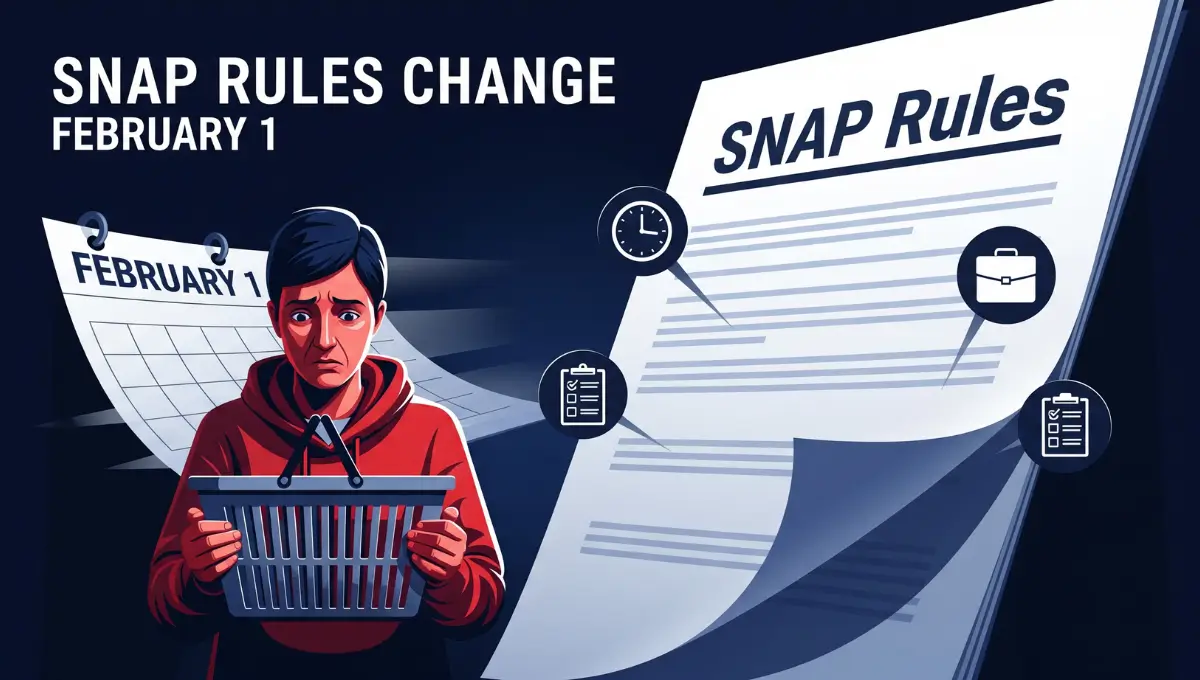 Vector graphic showing SNAP work requirement changes starting February 1 affecting food stamp recipients