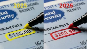 Side-by-side comparison of 2025 and 2026 Social Security checks showing increased Medicare Part B premium deduction