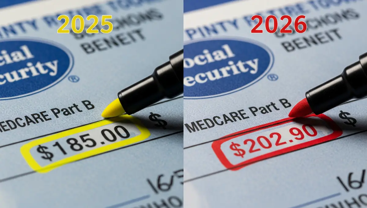 Side-by-side comparison of 2025 and 2026 Social Security checks showing increased Medicare Part B premium deduction
