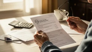 Elderly person reviewing Social Security COLA 2026 benefit statement showing monthly payment increase