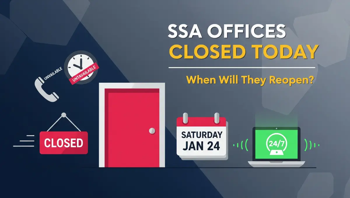 Social Security office closed sign with calendar showing Saturday January 24 2026 and online access available 24/7