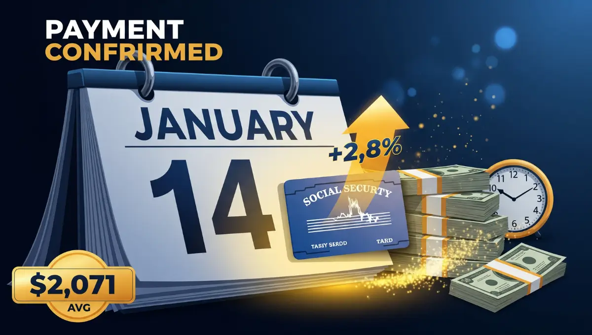 Social Security payment confirmation for January 14, 2026 showing 2.8% COLA increase and average benefit amount