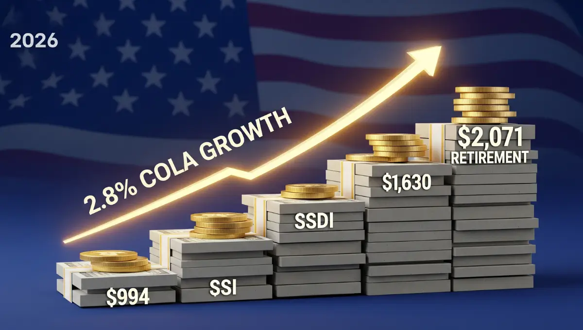 Visual representation of 2026 Social Security and SSI payment increases showing new benefit amounts after 2.8% COLA