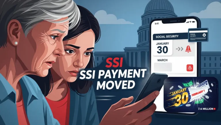 Vector graphic showing early SSI payment in January 2026 and missing March SSI check for Social Security recipients