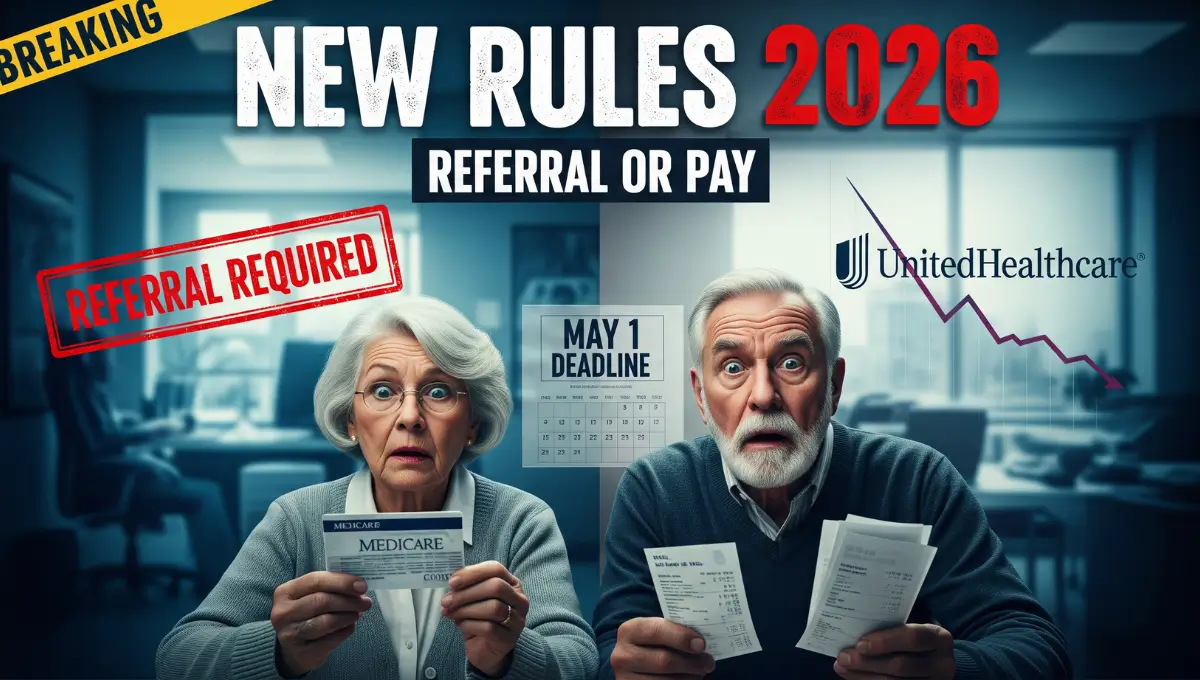 Elderly couple reviewing UnitedHealthcare Medicare card with new 2026 referral requirements and May 1 deadline warning