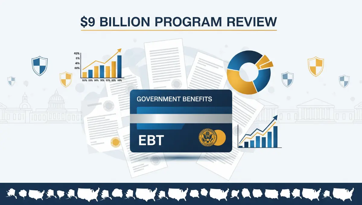 Vector infographic showing USDA SNAP program review statistics and findings from multi-state investigation