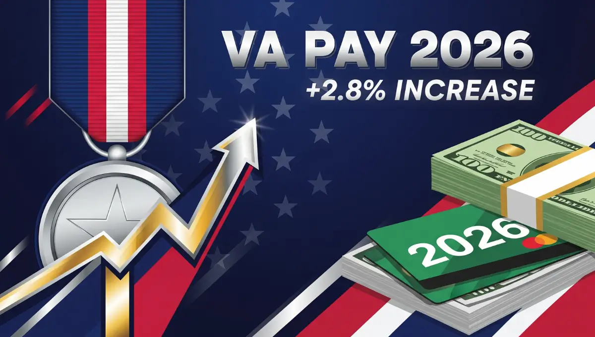 VA disability pay rates 2026 with 2.8% COLA increase showing upward arrow and military medal